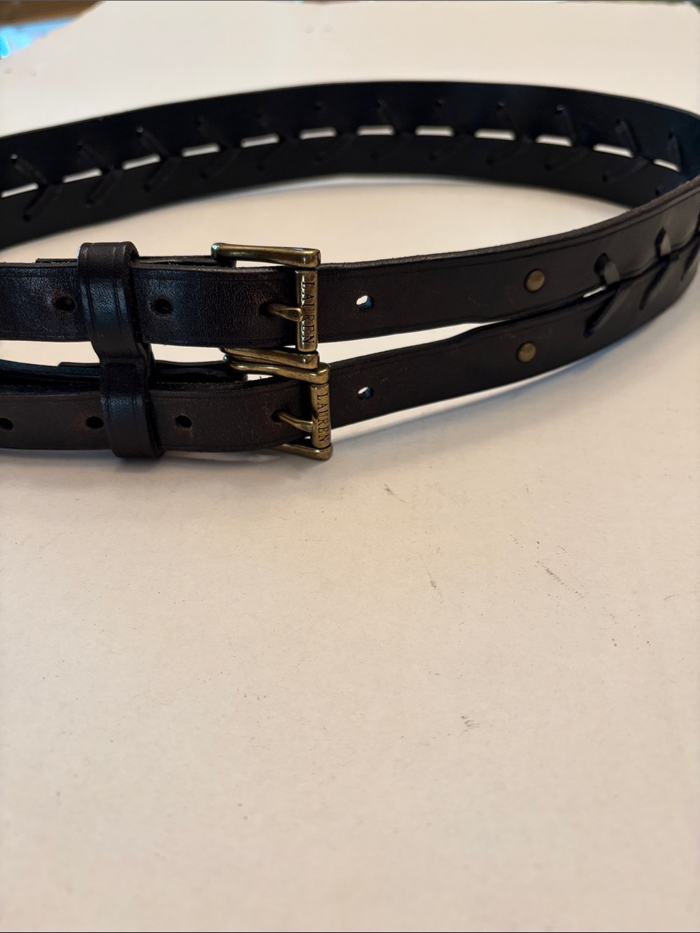Lauren Ralph Lauren Double-Strap Stacked Black Leather Belt with Brass Buckles.